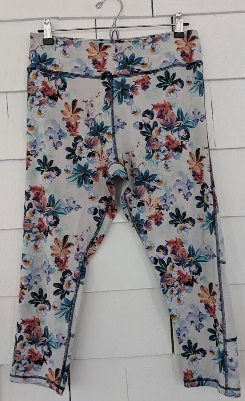 N.Y.L Womens Large Leggings Floral Print Cropped Capri Athletic White MultiColor